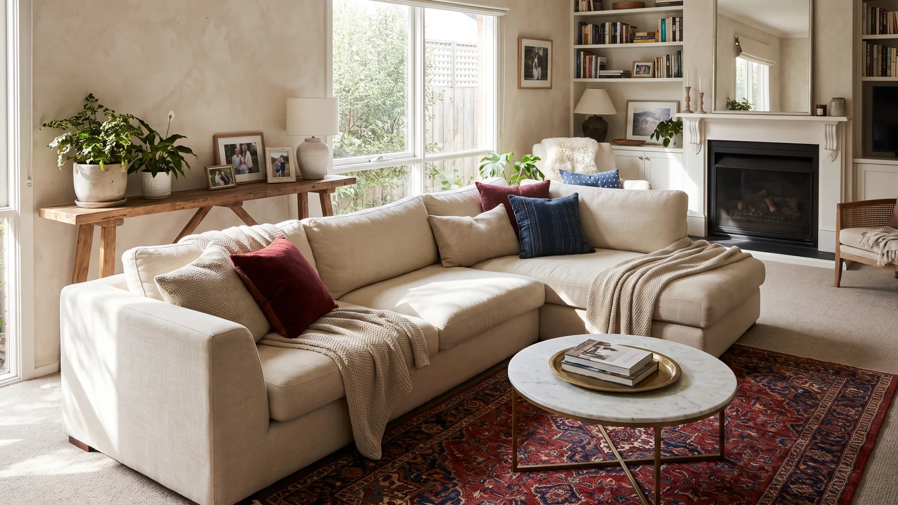 A warm living room with a lounge suite, Persian rug and marble table