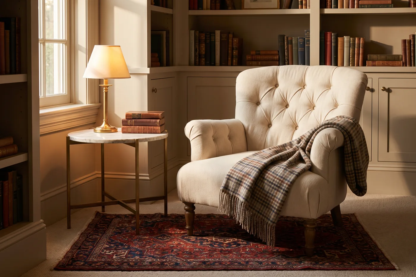 A styled Brisbane living room — velvet sofa, Persian rug and marble coffee table