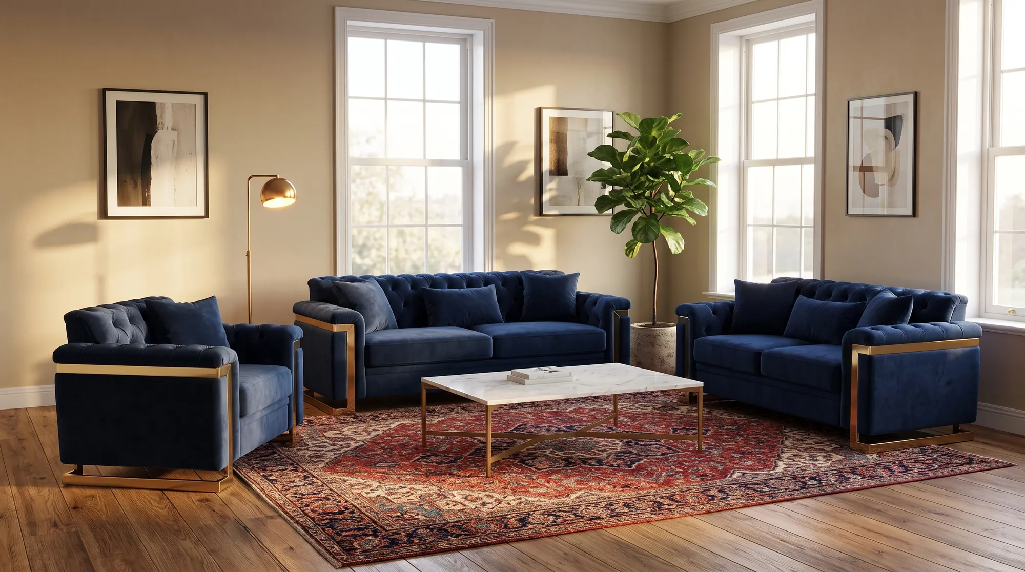 A styled living room — Persian rug, velvet sofa and marble table
