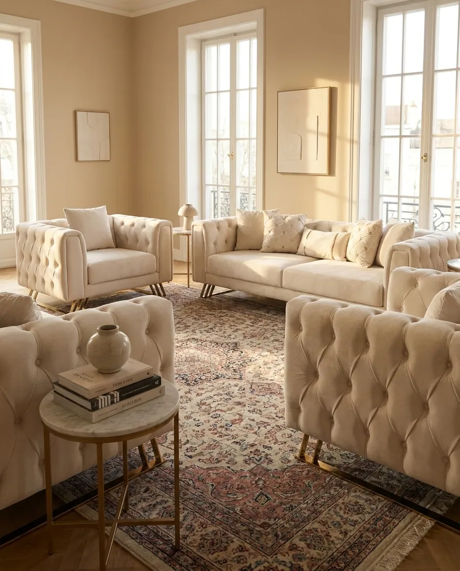 Velvet and leather sofa sets in the showroom