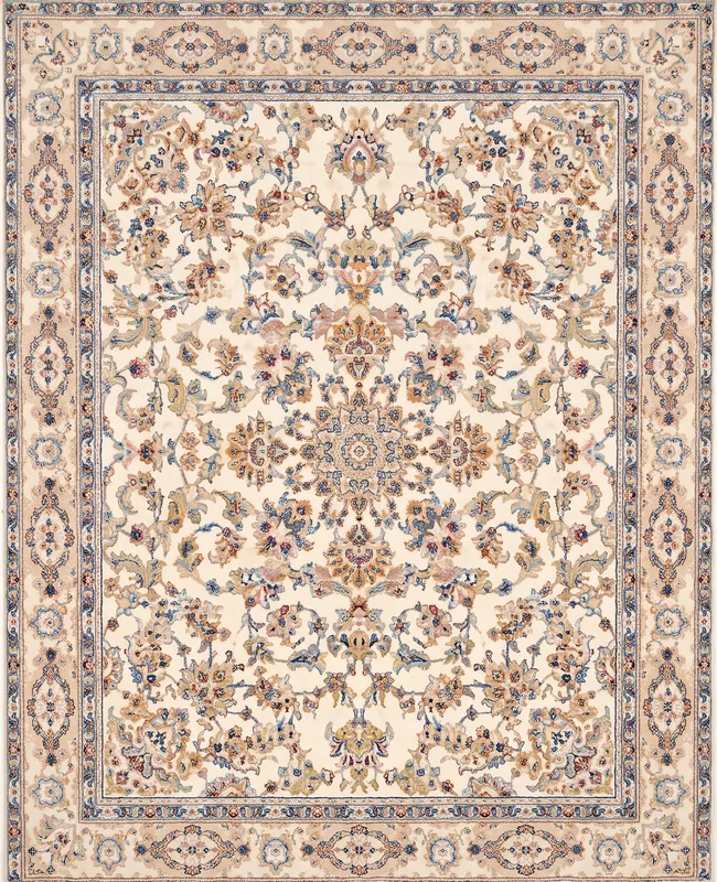 A warm neutral rug with an all-over medallion pattern and a gently faded, vintage-style finish.