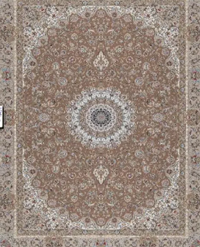A traditional rug in warm earthy tones with a detailed central medallion and scattered floral motifs.
