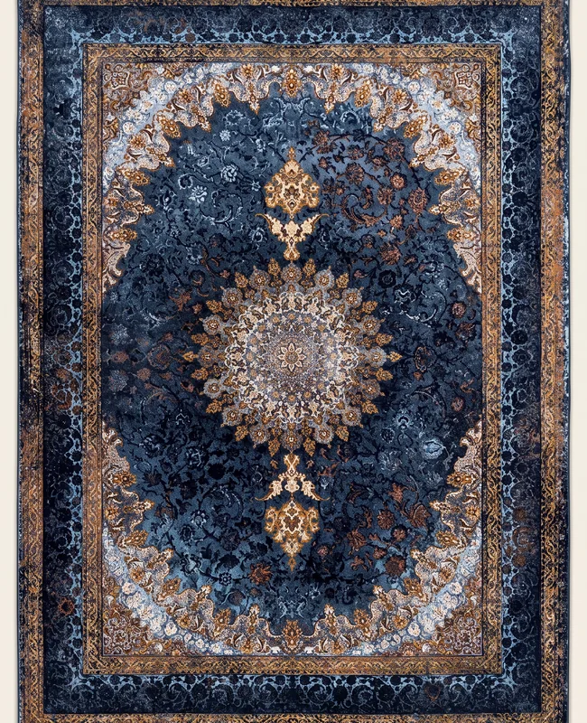 Rectangular navy Persian rug with a large central medallion and layered patterned borders.