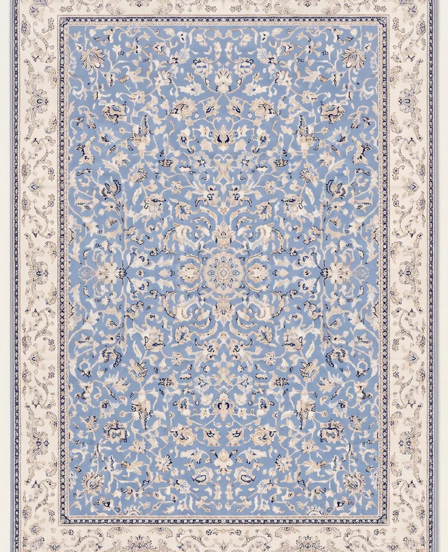 Light vintage-style rug with a distressed all-over pattern and a finely detailed outer border.