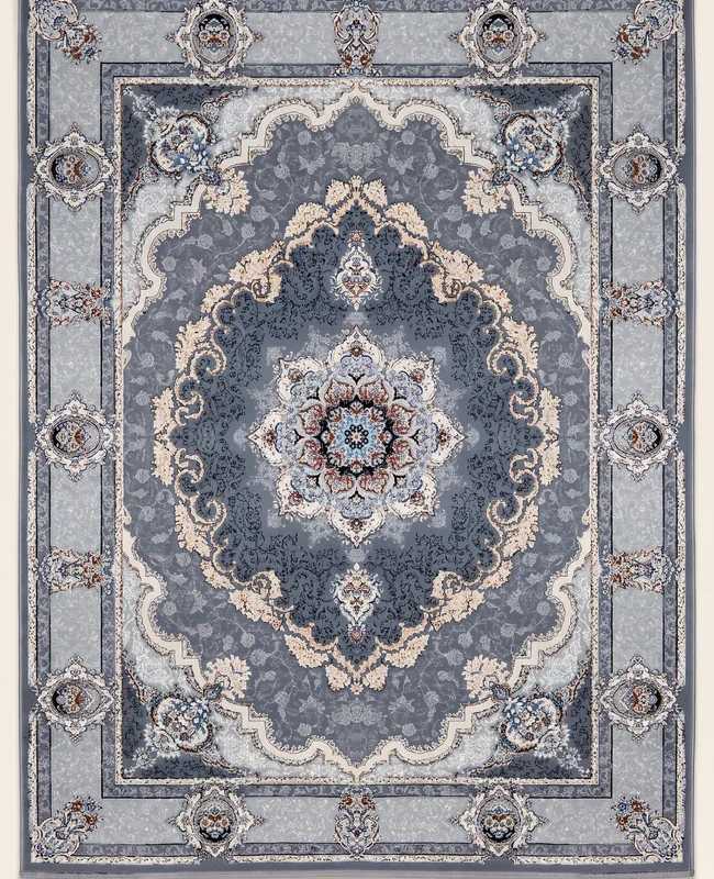 Grey traditional rug with an ornate central medallion framed by structured borders.