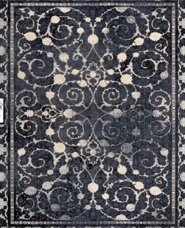 A traditional rug with pale flowing scrollwork patterns set against a deep dark background.