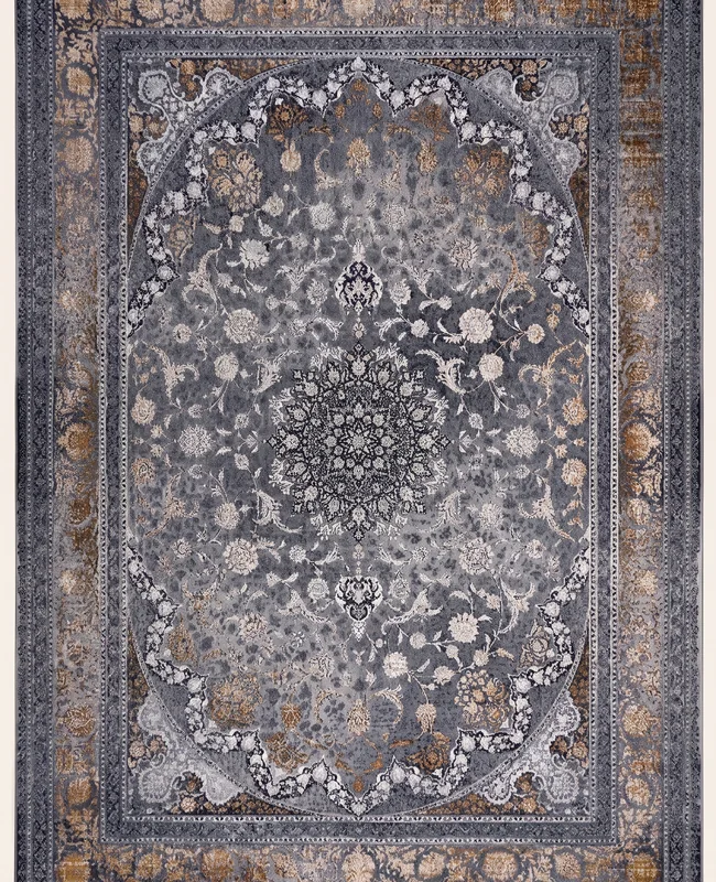 Muted grey rug with an all-over floral pattern and a soft central medallion.