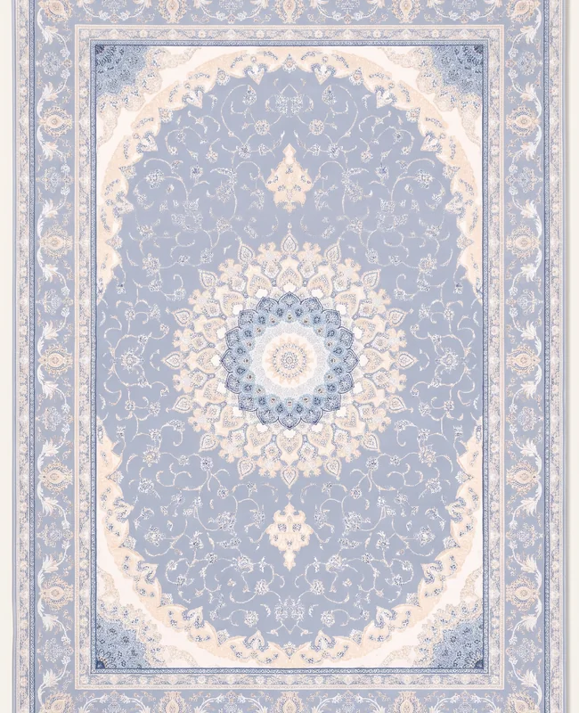 Softly faded rug with an ornate central medallion and a detailed surrounding border.