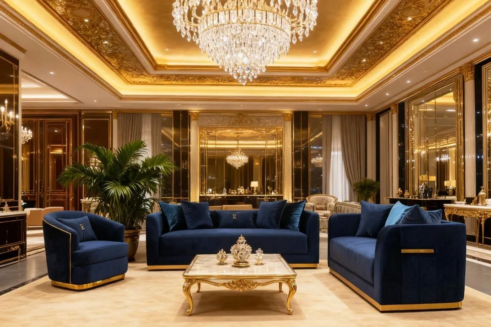 A deep indigo velvet sofa set with a polished gold base and teal cushions in an opulent gold-toned room.