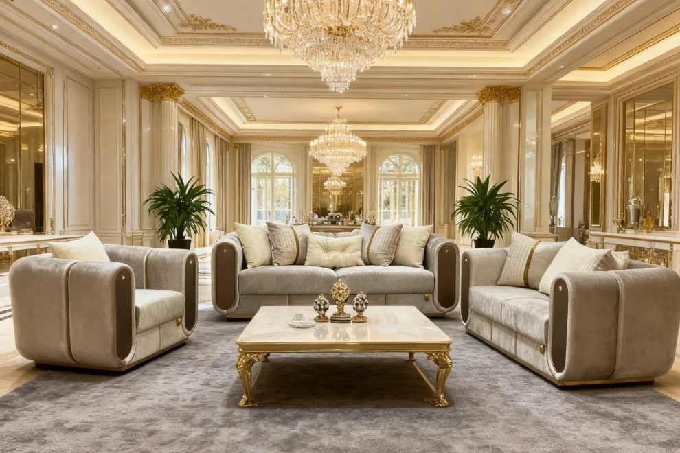 A tufted sofa set with plush back cushions and gold-accent detailing in a neutral room.