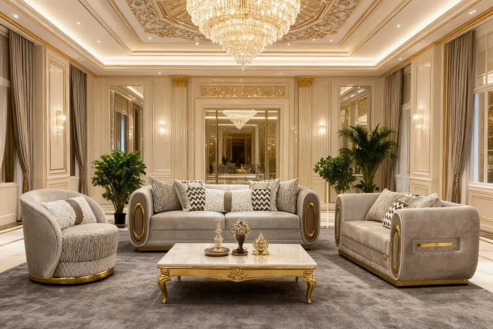 A grey quilted sofa set with gold-accented side panels set against a light wall.
