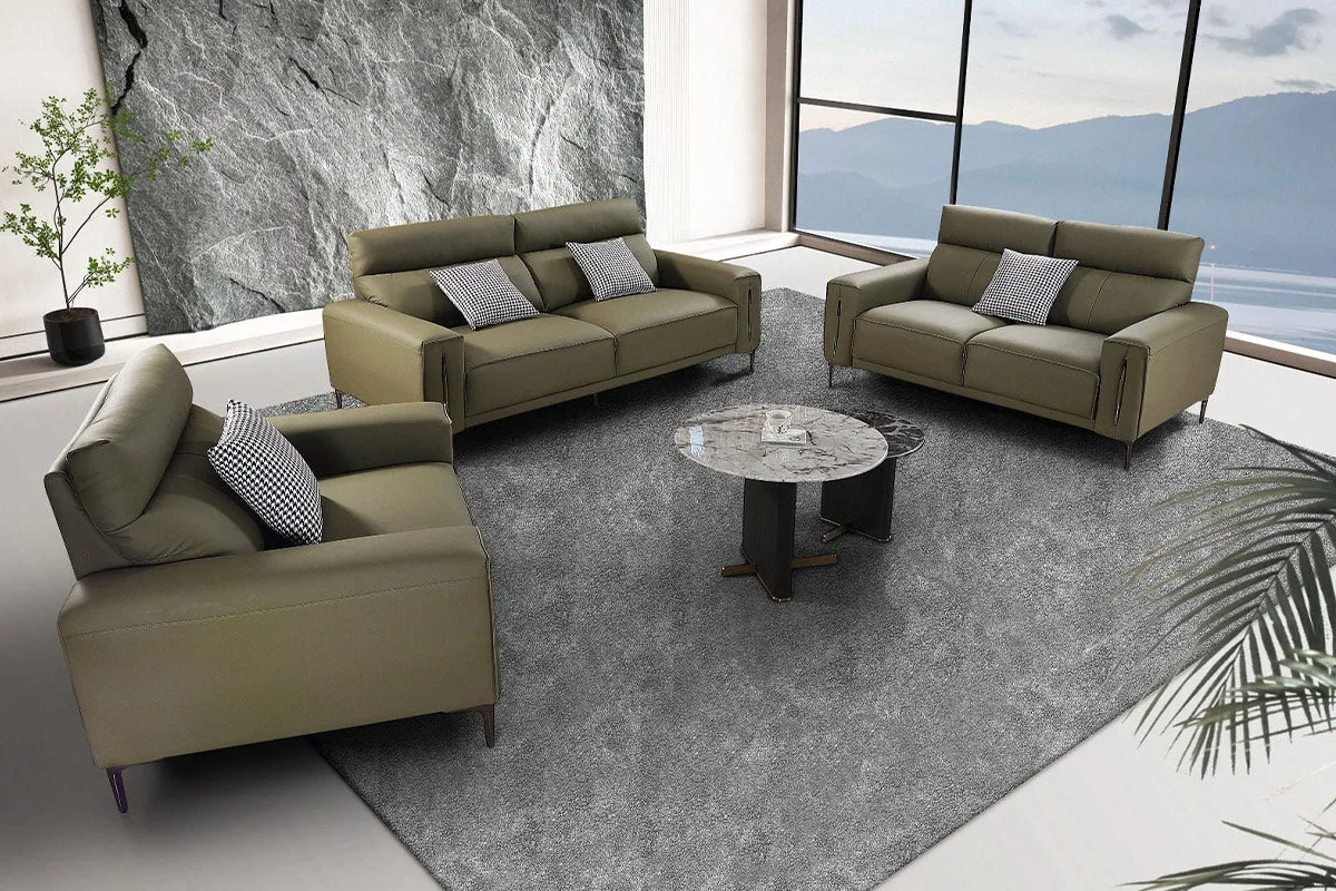 An earthy-toned sofa set with a three-seater, two-seater and single chair grouped together.