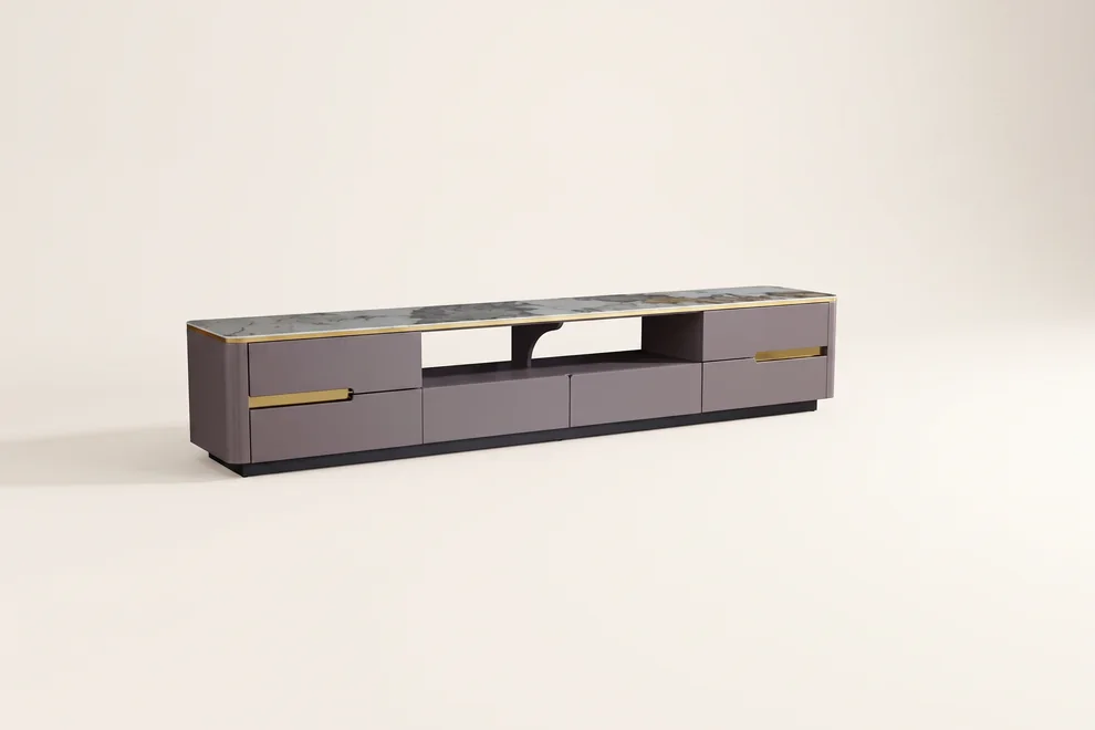 Long low TV console with a marble-effect top, matte cabinet doors and thin metallic handles.